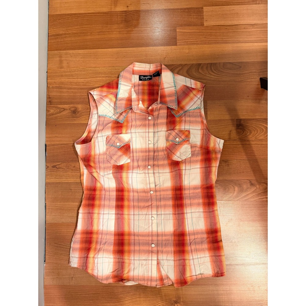 Wrangler Retro Womens Orange Plaid Western Snap Shirt Turquoise Whipstich